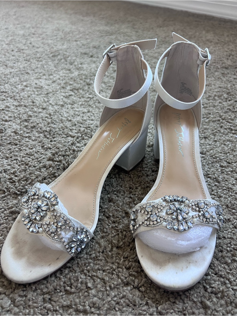 Betsey Johnson Ivory Crystal-Embellished Block Heel Sandals